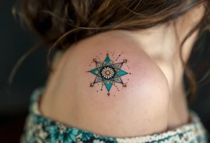 This Capricorn star tattoo blends golden dots and teal lines for a cosmic, earth-meets-sky vibe. tattoo idea