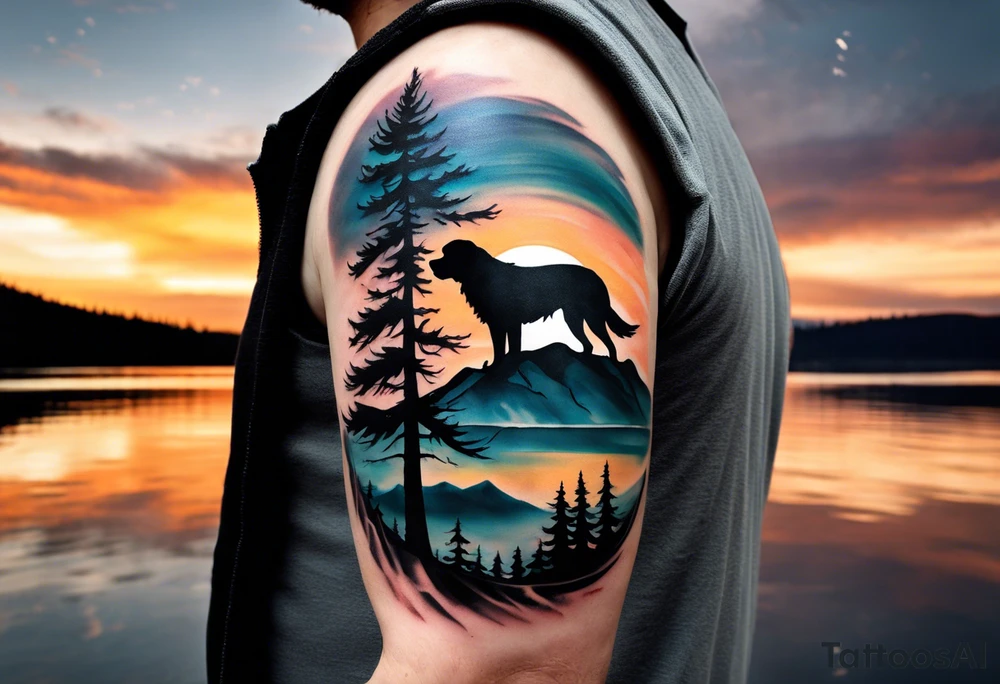 Sleeve tattoo windswept pine tree before lake with low hills on far side of lake. Mastiff silhouette in the foreground. with a dock coming out from the shore. Canadian shield. 
Include the words: "If the sun refused to shine
I would still be loving you
When mountains crumble to the sea
There will still be you and me" tattoo idea