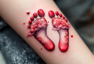 Deep red and pink footprints of little Viktor, with soft clouds floating nearby to symbolize his dreamy personality. tattoo idea