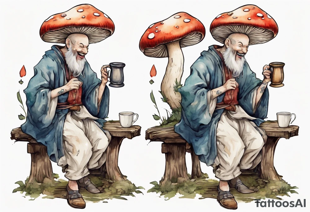 a mushroom wearing medieval clothes sitting on a stool drinking from a wood mug, laughing tattoo idea