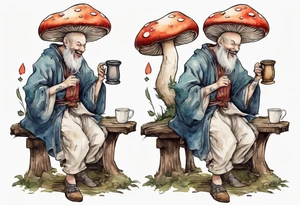 a mushroom wearing medieval clothes sitting on a stool drinking from a wood mug, laughing tattoo idea