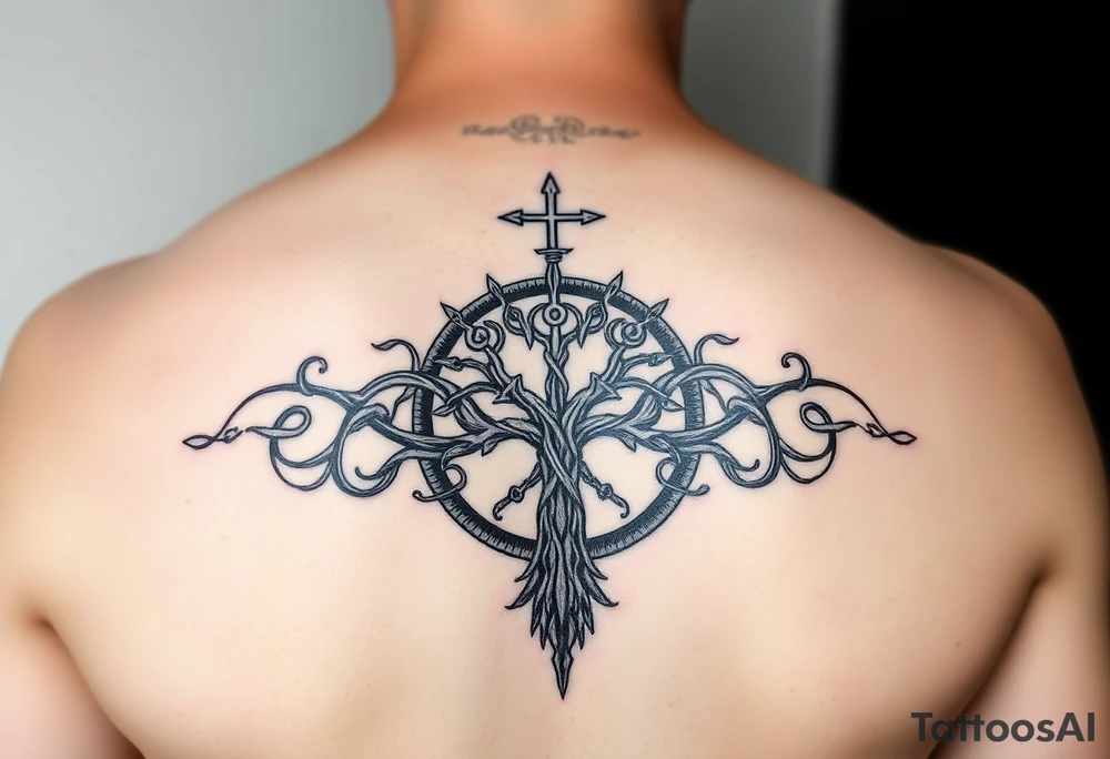 Norse sleeve tattoo which include web of wyrd, ÆGISHJÁLMR, Vegvisir, Yggdrasil, tattoo idea