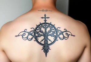 Norse sleeve tattoo which include web of wyrd, ÆGISHJÁLMR, Vegvisir, Yggdrasil, tattoo idea