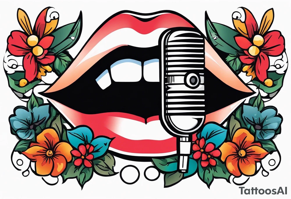 lips singing old school vintage traditional
flowers around and mouth next to microphone
bold and colorful simple design tattoo idea