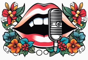 lips singing old school vintage traditional
flowers around and mouth next to microphone
bold and colorful simple design tattoo idea