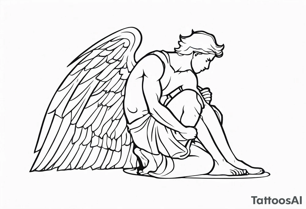 side view of crouched male angel holding shield tattoo idea