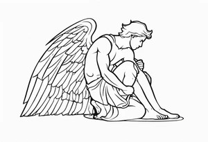 side view of crouched male angel holding shield tattoo idea