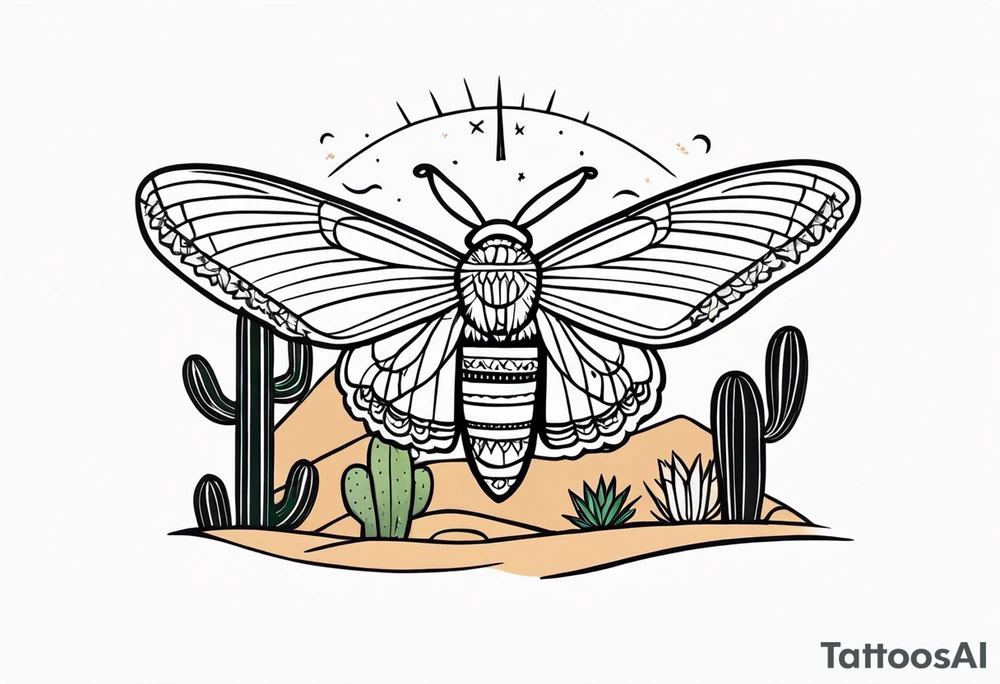 Modern Mexican style small moth flying over a desert garden with cactus and small succulents tattoo idea