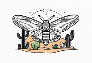 Modern Mexican style small moth flying over a desert garden with cactus and small succulents tattoo idea