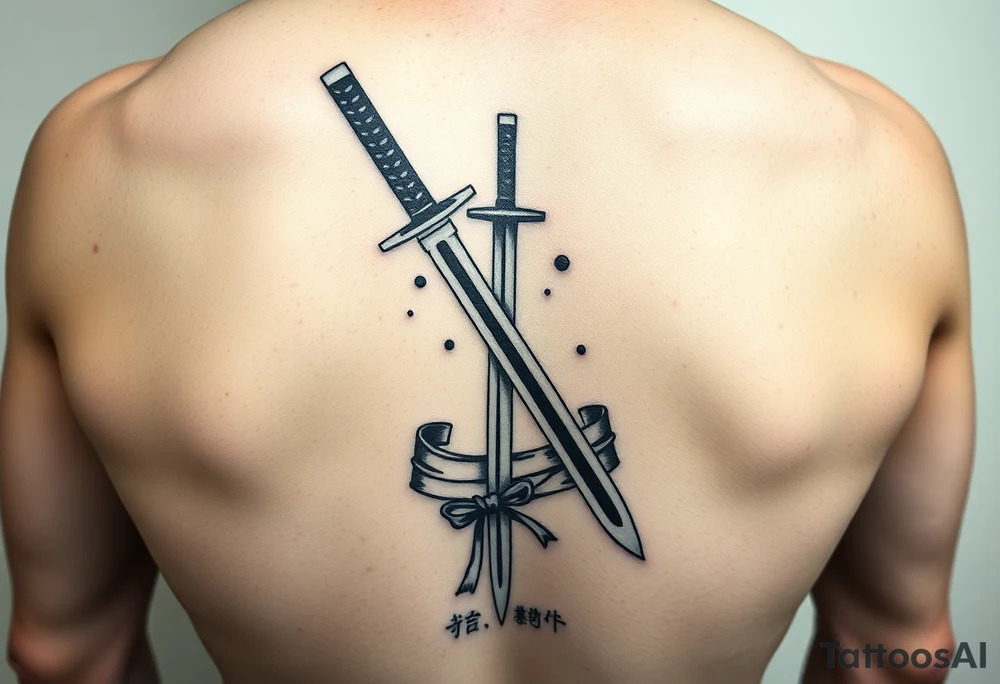 Katana with a black belt and fabled written in korean tattoo idea