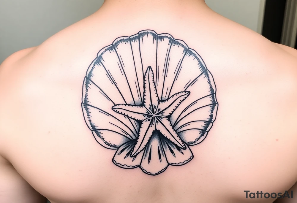 Large open seashell and starfish in a style like tattoos were done during world war 2 tattoo idea