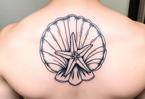 Large open seashell and starfish in a style like tattoos were done during world war 2 tattoo idea