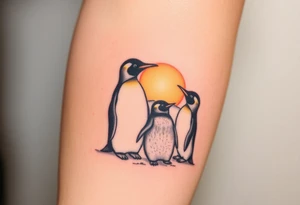 Penguins cuddling looking at a sunset tattoo idea