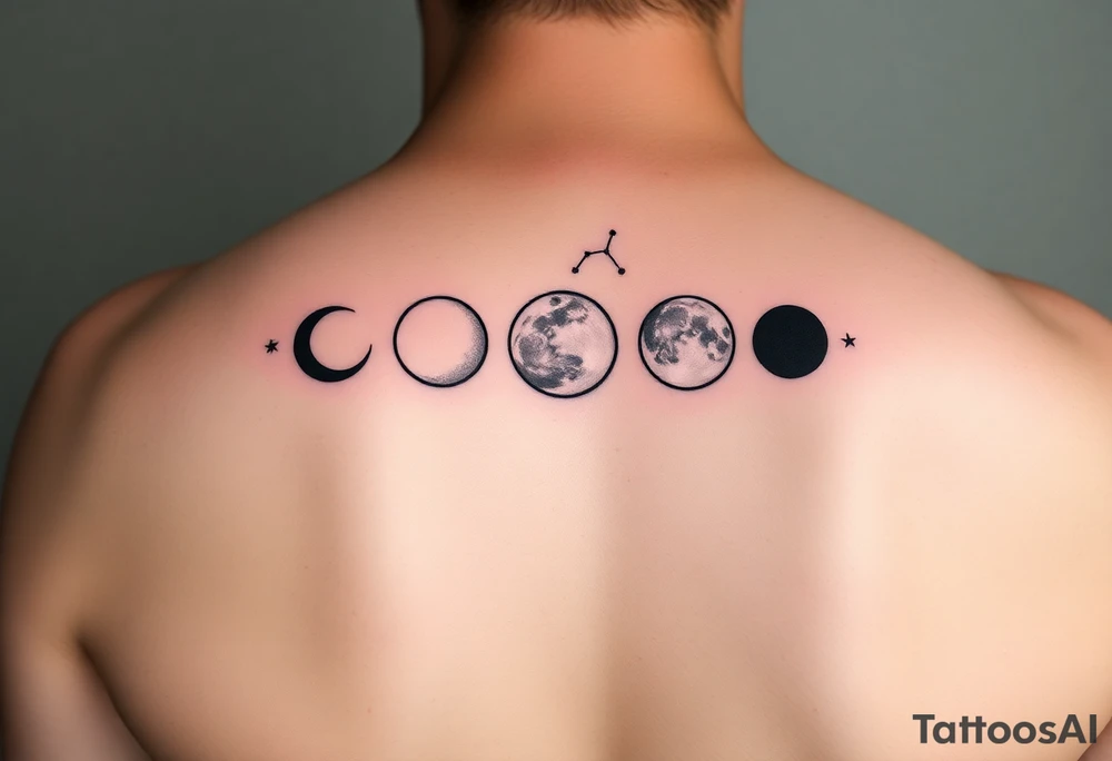 I’d like a vertical tattoo featuring five moon phases in this order: waxing crescent, third quarter, full moon, first quarter, third quarter. Behind the moons, I want the Capricorn constellation represented only by the star points—no connecting lines—arranged in the correct shape behind the moons. The style should be minimalistic, celestial, and elegant tattoo idea