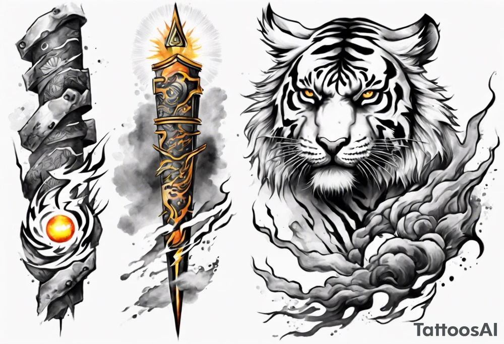Tiger Warrior sleeve tattoo with lightning and the sun
Forearm sleeve tattoo idea