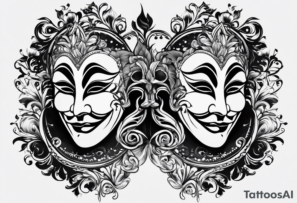 Create a tattoo of a theatrical mask split into two halves, with one side depicting a smiling, benevolent face, and the other showing a sinister, malevolent expression, symbolizing the dual nature of human emotions. tattoo idea
