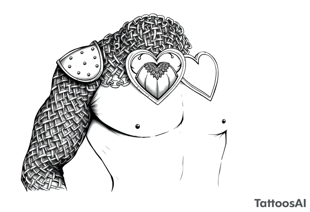 Chainmail armor from top of trapezius to below elbow with an intricate plate armor piece with a heart on shoulder tattoo idea
