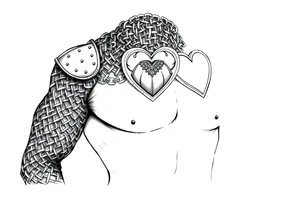 Chainmail armor from top of trapezius to below elbow with an intricate plate armor piece with a heart on shoulder tattoo idea