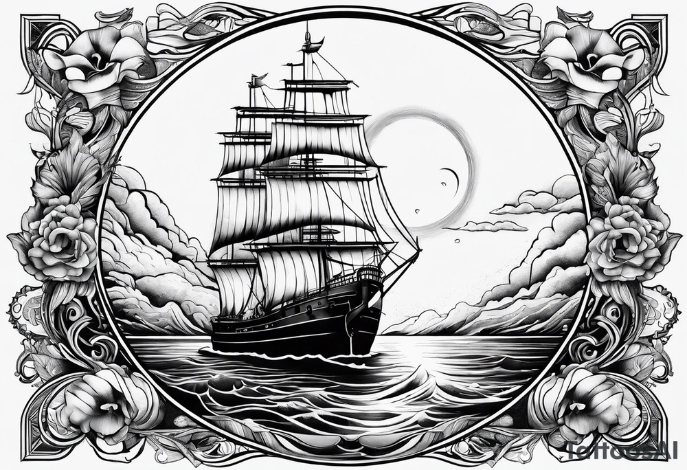 bateau, phare maritime, phoenix,    lune bleu. tattoo idea