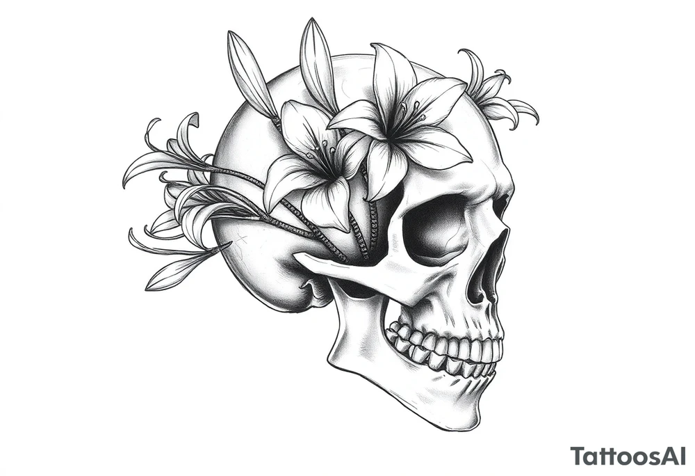 Lillies coming out of back of humanoid skull tattoo idea