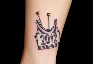 Safety pins through the skin attaching a running bib with 2012 and purple and gold accents tattoo idea