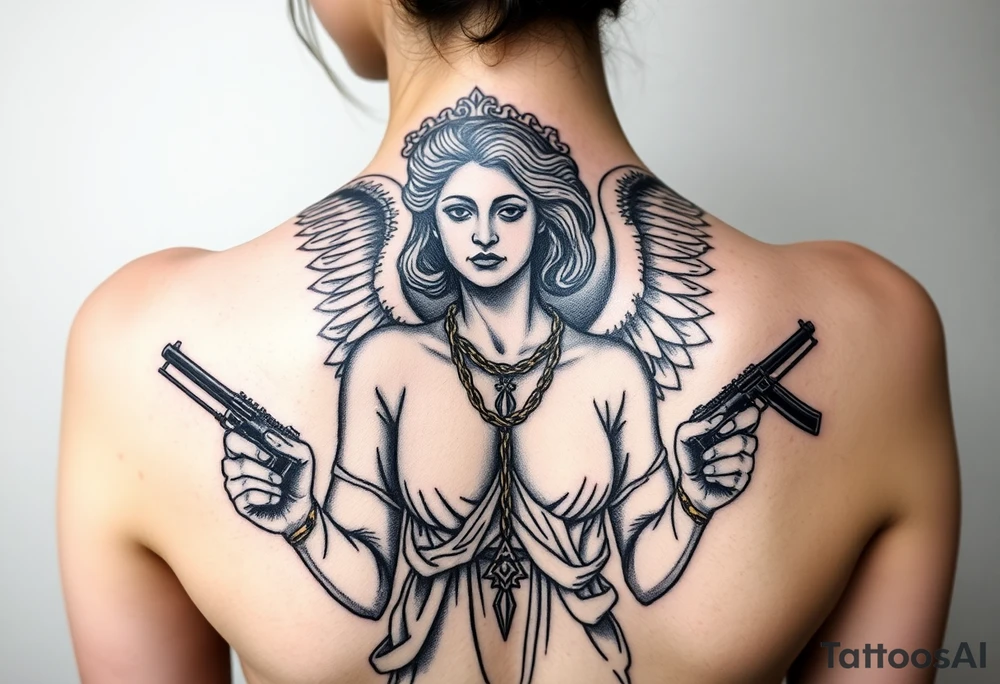 old angel statue in criminal style, tattooed and at the same time contemporary, weapons in hand, gangster-style gold necklaces tattoo idea