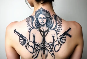 old angel statue in criminal style, tattooed and at the same time contemporary, weapons in hand, gangster-style gold necklaces tattoo idea