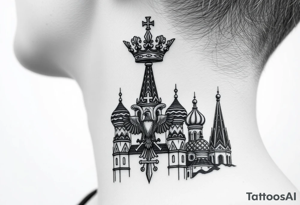 St. George 
3 russian imperial crowns above the Russian coat of arms double eagle
Russian sabre
The Kremlin or St. Basil's Cathedral scene 
on the side of my neck tattoo idea