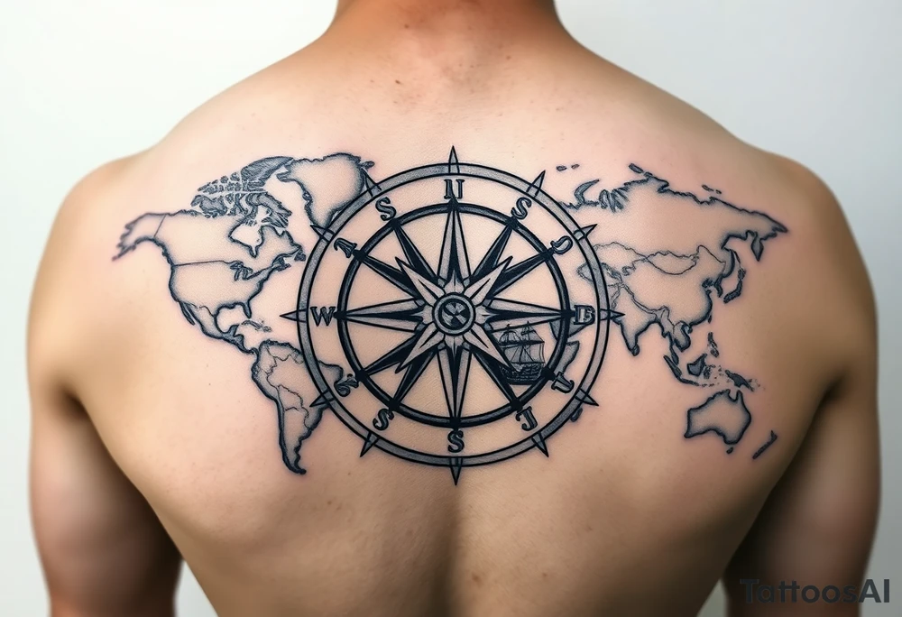 antique compass rose overlaid on weathered world map with sailing ships tattoo idea