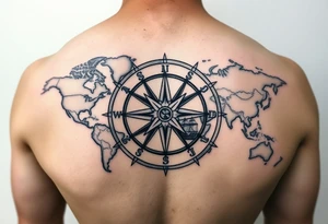 antique compass rose overlaid on weathered world map with sailing ships tattoo idea