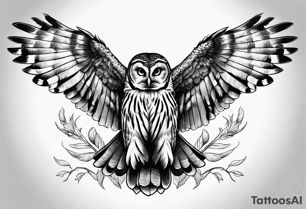 barred owl wings outstretched with a corn snake in its feet tattoo idea