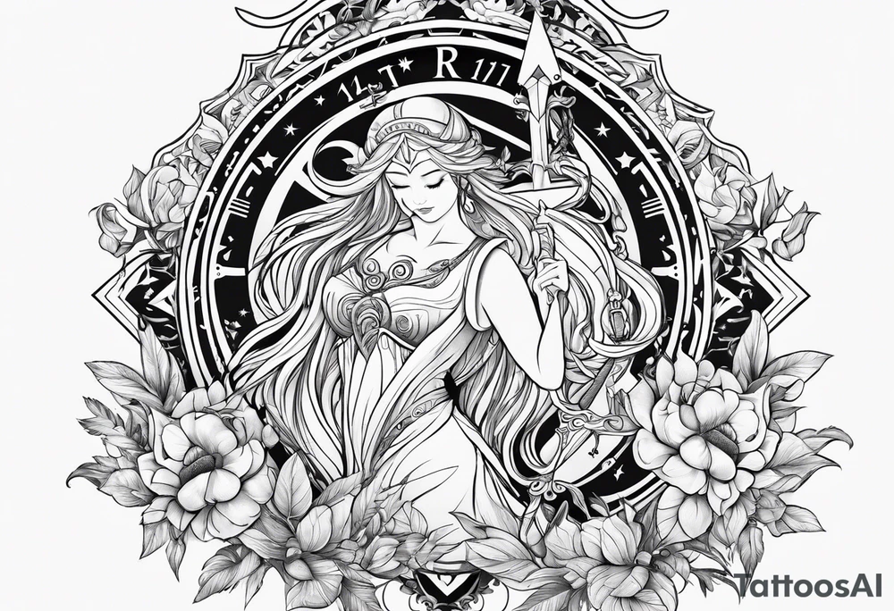 Virgo and Sagittarius zodiac signs with letter RR and date September 11 tattoo idea