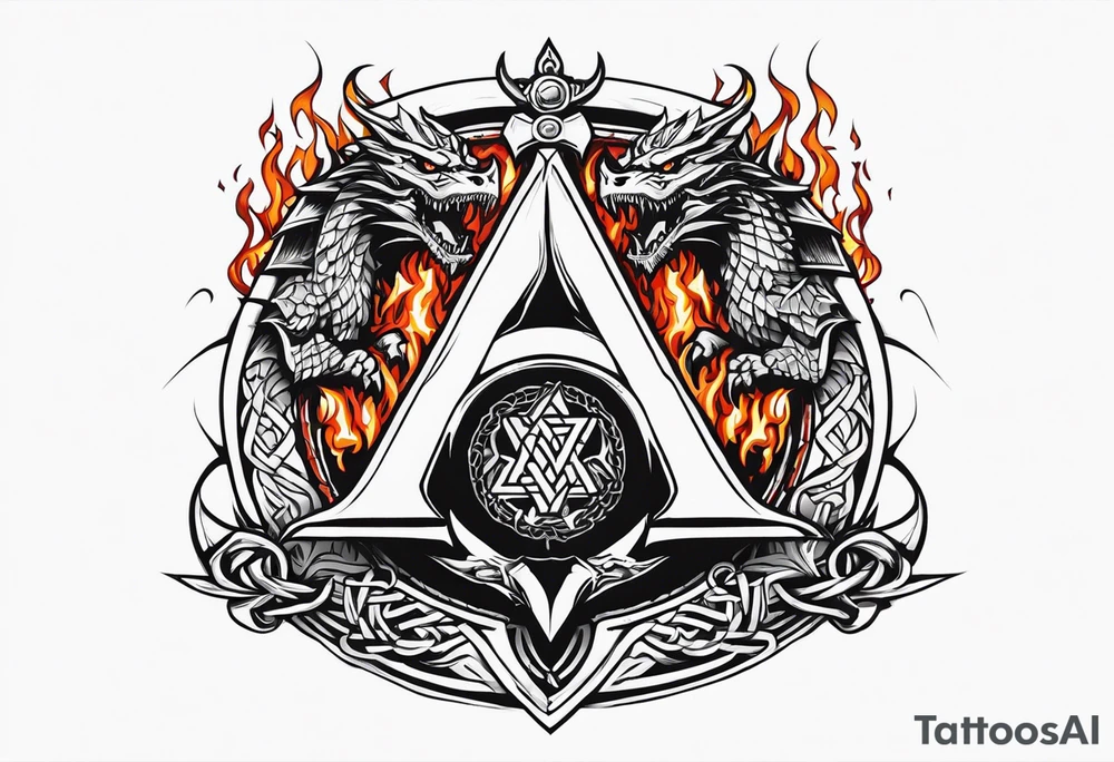 Valhalla sword shield dragon axe Valknut barbed wire chains fire tattoo idea
