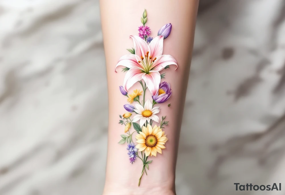 Small Stargazer lillies pale pink with no outline 
with small yellow sunflowers and pale purple tulip buds in a dainty wildflower bouquet with light green stems. Low detail. tattoo idea