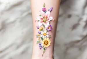 Small Stargazer lillies pale pink with no outline 
with small yellow sunflowers and pale purple tulip buds in a dainty wildflower bouquet with light green stems. Low detail. tattoo idea