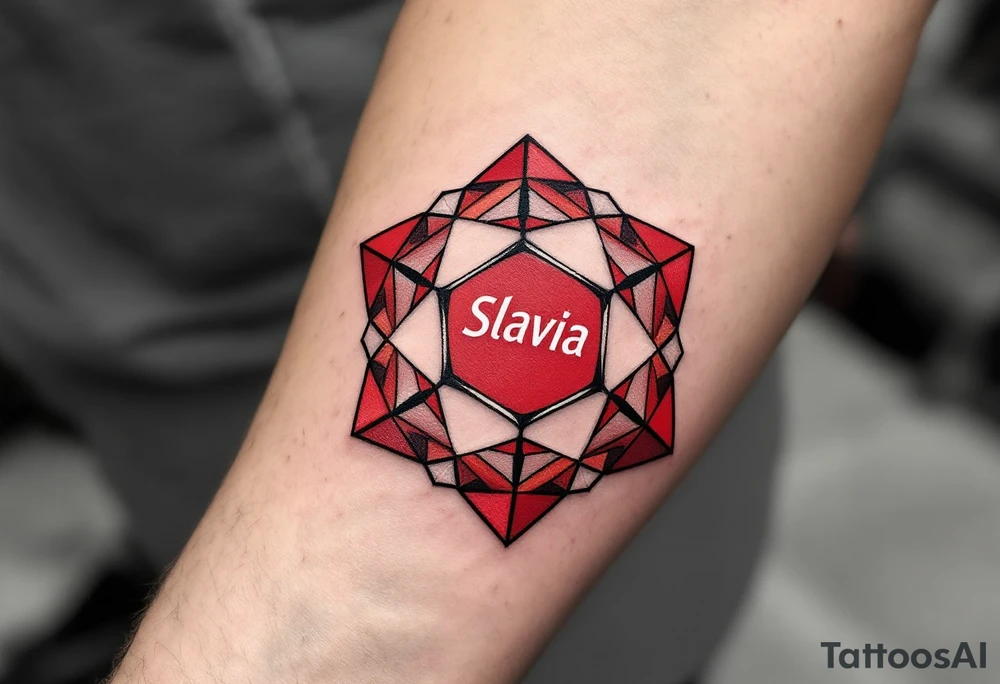 ball composed of red geometric panels forming a star pattern, with sign "Slavia" on it. tattoo idea