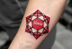 ball composed of red geometric panels forming a star pattern, with sign "Slavia" on it. tattoo idea