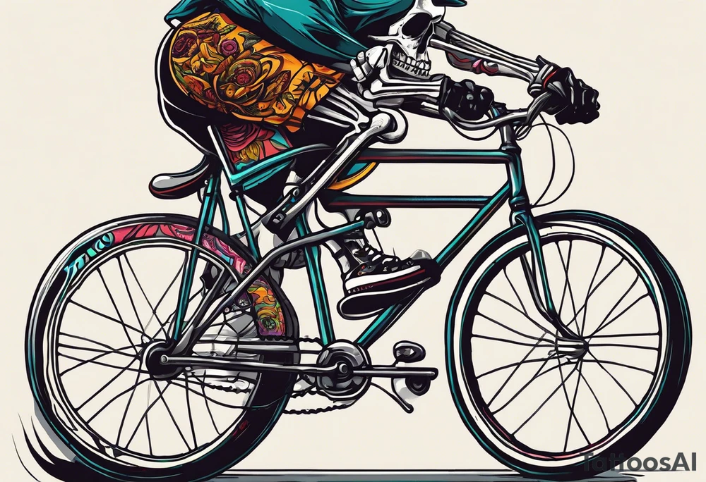 Skeleton rides a racing bicycle. It is wearing a 1980s style uniform. There is no background image tattoo idea