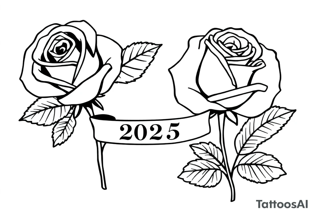 two beautiful large rose buds, one larger than the other, with lots and lots of leaves next to the rose buds, with one sitting slightly higher than the other, side-by-side.  Include a banner connecting the two roses with the year 2025 on it.   Use dark outlines with little shading. No stems tattoo idea