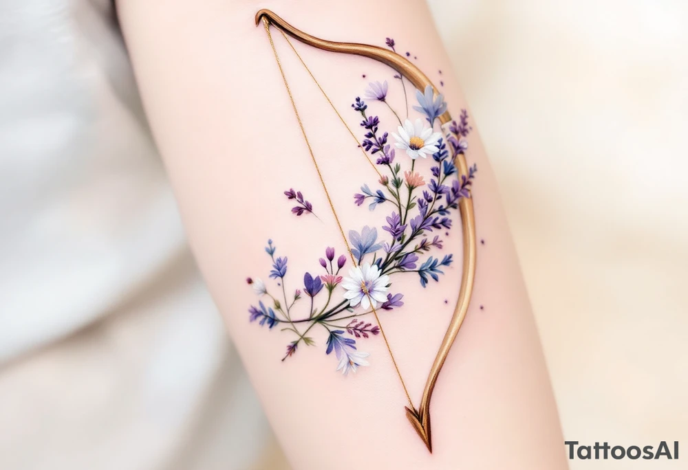 A wooden bow with a delicate set of wildflowers (like lavender and daisies) intertwined in the string. The bow is shaded in earthy browns, and the flowers have soft purple, pink, and white hues, symbolizing Sagittarius’ love for nature and beauty. The arrow has a subtle golden shimmer. tattoo idea