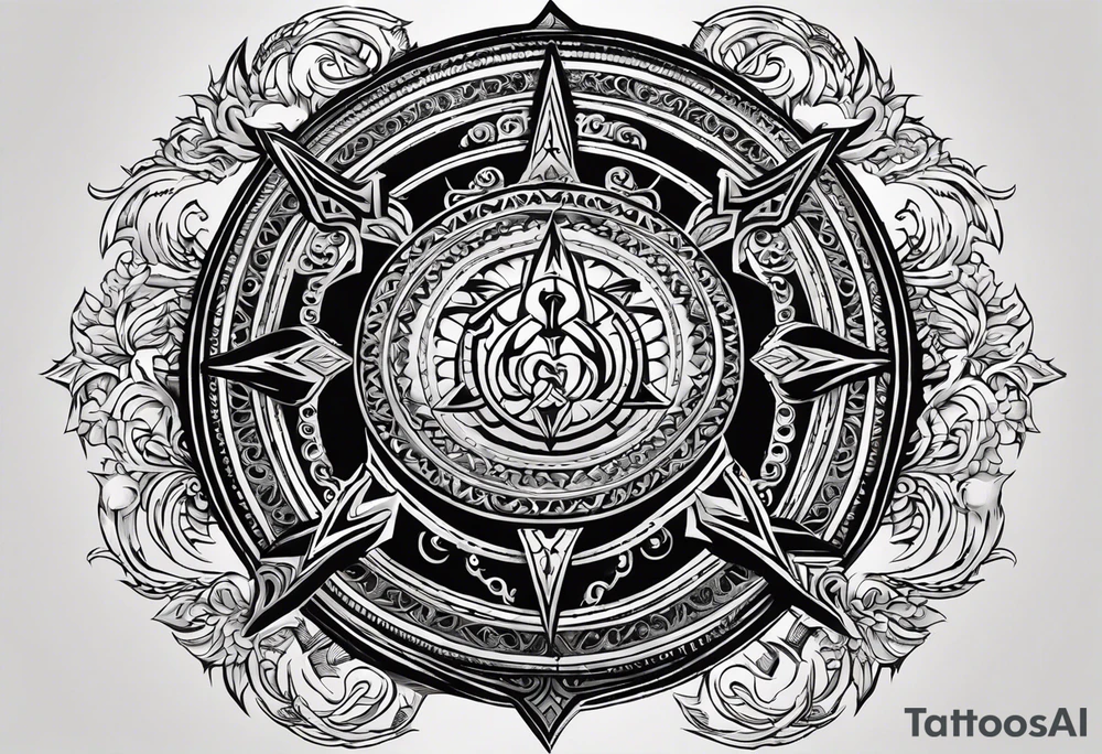 "Create an imposing and fearsome tattoo that combines traditional Hindu symbolism with a powerful, intimidating aura. Incorporate the trishul (trident) at the center, sharp and jagged like the ultimate weapon of divine retribution, with detailed engravings of storm-like energy flowing from its points. Surround this with a bold Om symbol at the core, pulsing with spiritual might, layered over intricate geometric patterns that radiate a sense of ancient power. Add elements like roaring serpents coiled around the design, ready to strike, symbolizing both divine protection and wrath. The edges of the band should feature bold tribal lines, each stroke aggressive yet precise, to reflect the fierce warrior aspect of Hindu deities. The overall design should feel like an impenetrable shield and a divine warning, blending spirituality with raw strength. tattoo idea