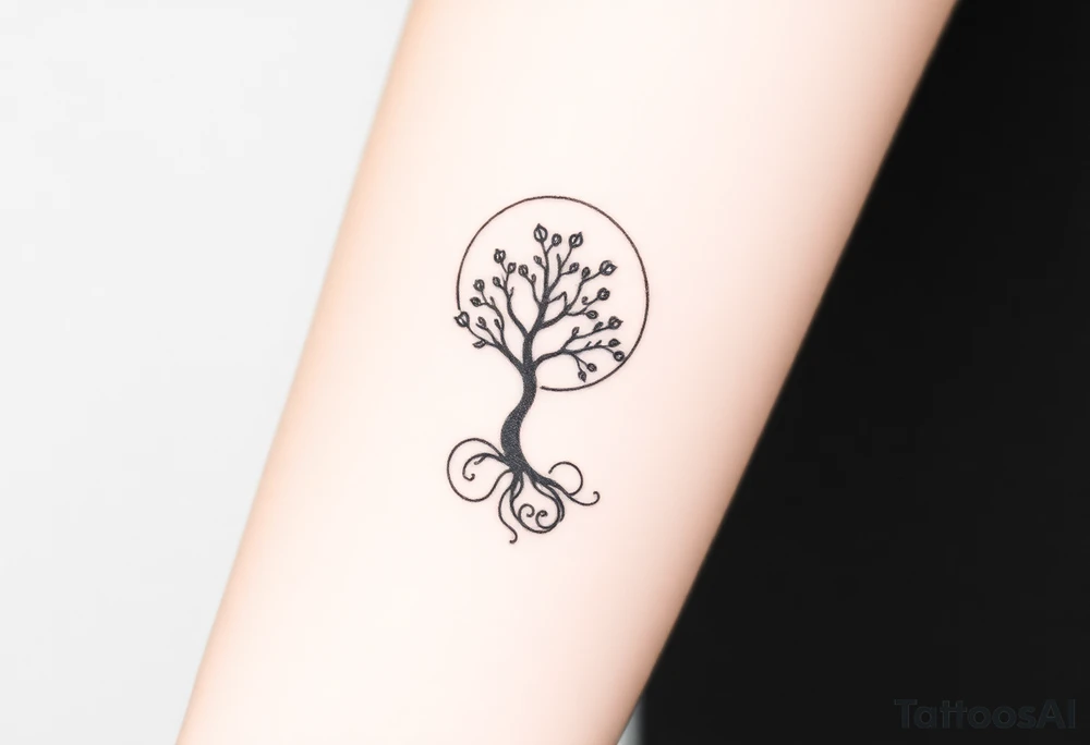 A tree inside of the sun, with little leaves, with an outward spiral line (moving to the right), as its roots. tattoo idea