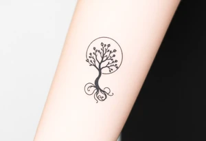 A tree inside of the sun, with little leaves, with an outward spiral line (moving to the right), as its roots. tattoo idea
