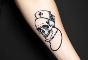 Skull 
nurse hat and a needle and stethoscope  in an elaborate vintage cameo tattoo idea