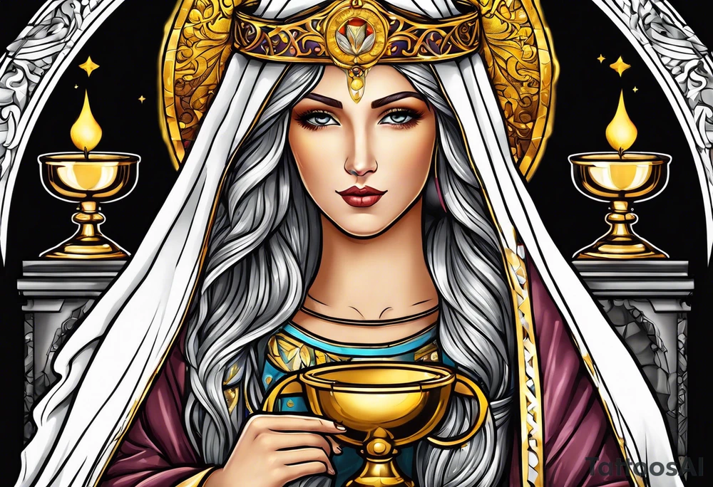holy saint woman with golden halo holding a chalice tattoo idea