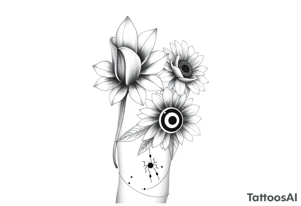 Tulip withSunflower and a Rose also a Bee with Water symbol Fire symbol Earth symbol
Wind 
Phoenix 
Evil eye 
888 tattoo idea