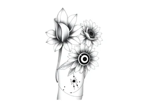 Tulip withSunflower and a Rose also a Bee with Water symbol Fire symbol Earth symbol
Wind 
Phoenix 
Evil eye 
888 tattoo idea