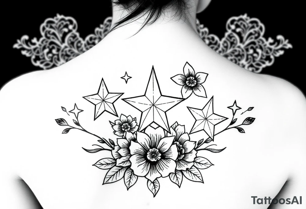 Stars with flowers and lace background tattoo idea
