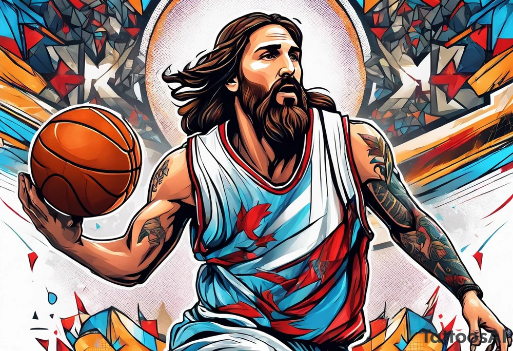 jesus christ playing basketball against messi tattoo idea