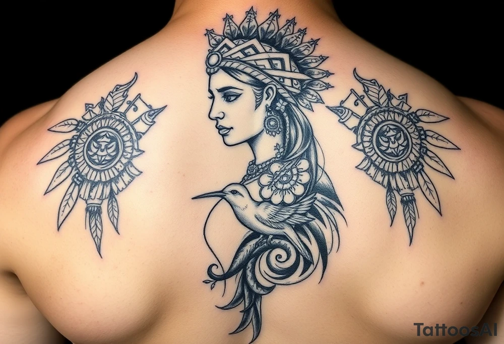 Purepecha princess surrounded by purepecha symbols with hidden hummingbird tattoo idea